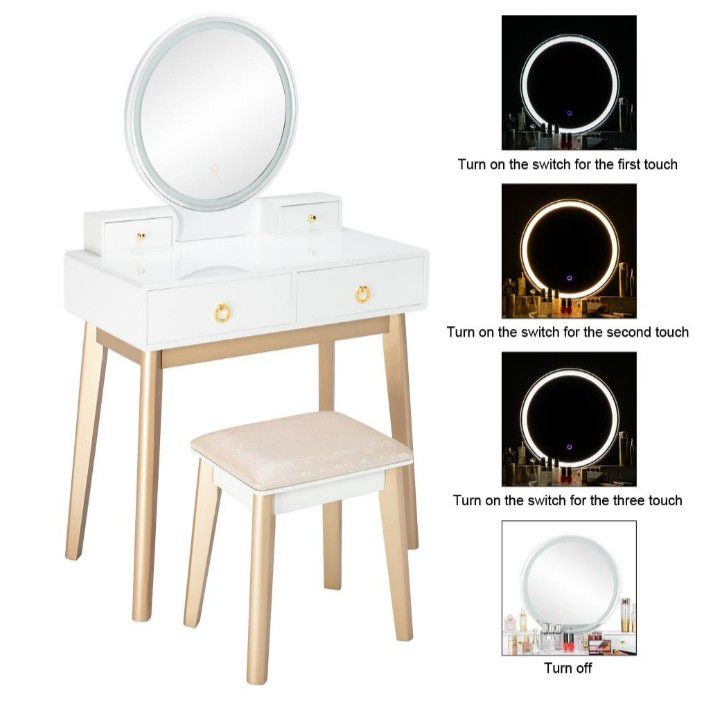 Complete Vanity Table Set with Mirror, Drawers, Stool and Touch Screen Lights