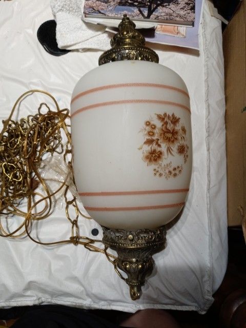 Brass Vintage Hanging Lamps Pearlized White Glass