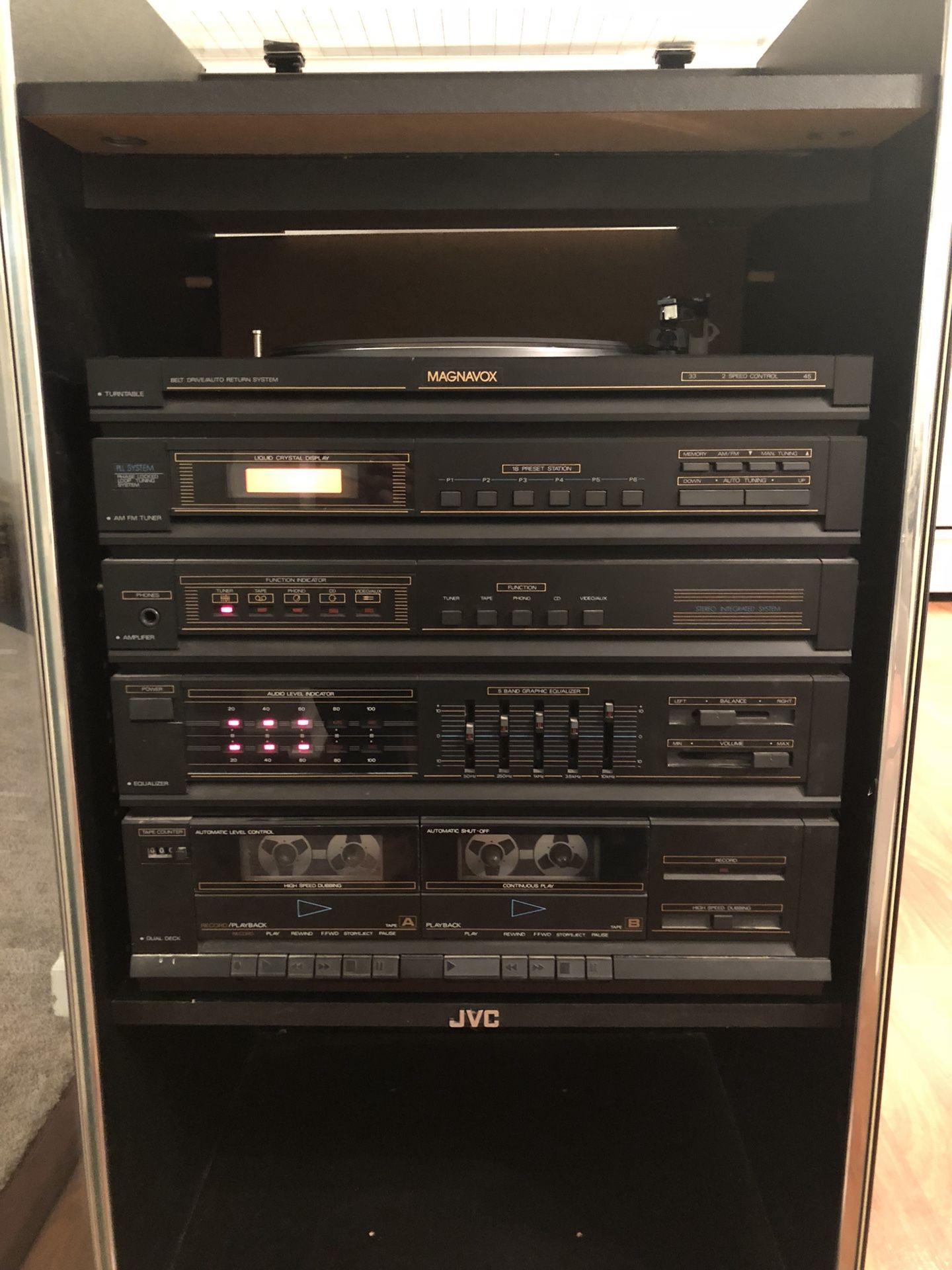 Retro 80s Style Record Player Console w/ JVC Glass Case