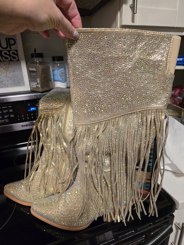 Gold Sequin Fringe Boots - NEW