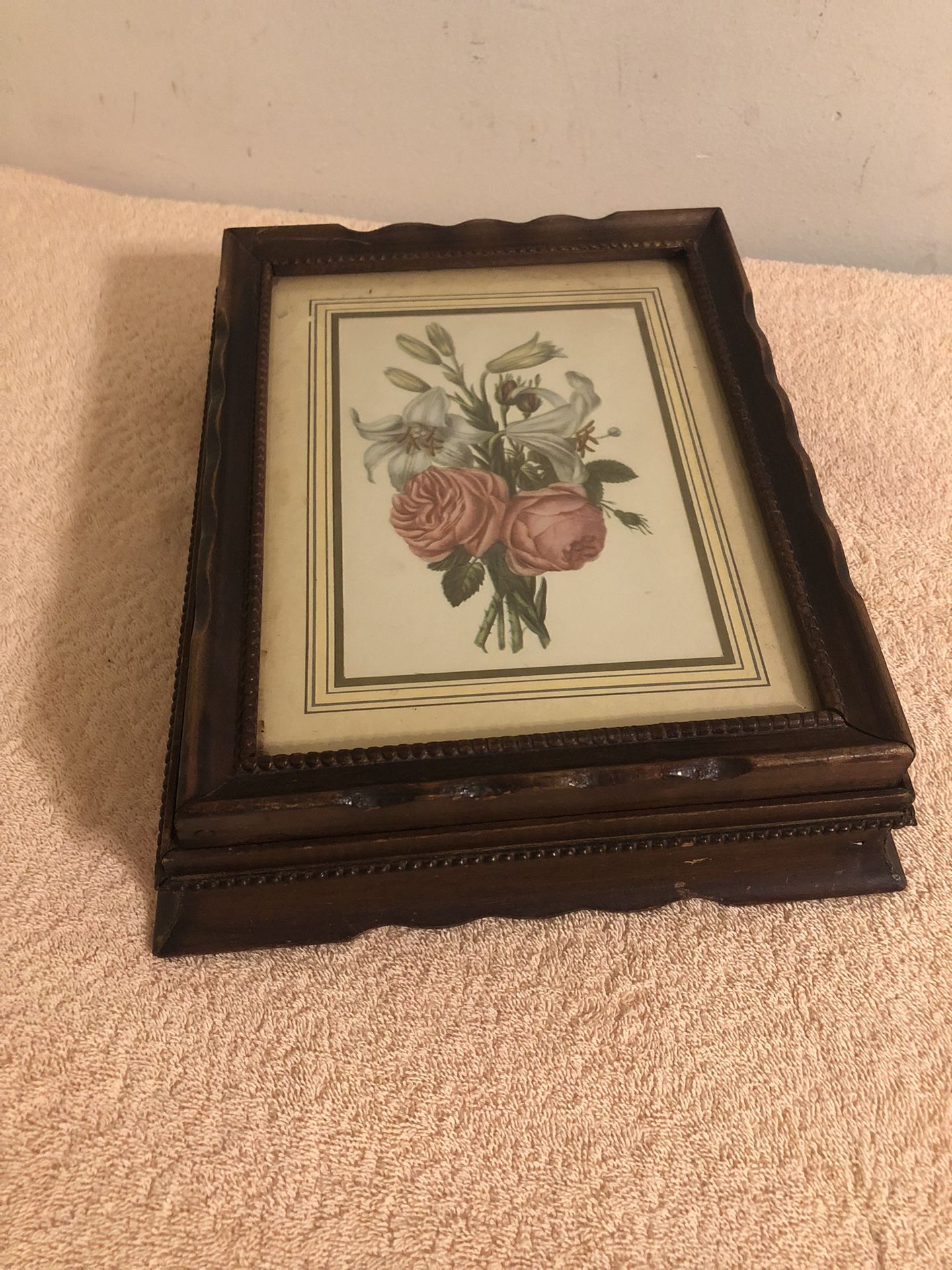 Vintage Wood Divided Jewelry Trinket Box Mirrored Lid 11 1/2”x9 1/2”x3”