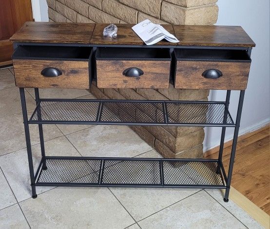 Rustic Console Sofa Table with 3 Fabric Drawers