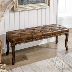 45.2" Carving Upholstered End of Bed Bench. Yellowish Brown 