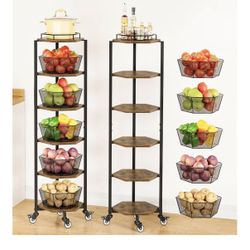 Fruit and Vegetable Storage Basket for Kitchen, 6 Tier Kitchen Cart on Wheels with Storage, Rolling Fruit Basket Stand with 5 Pack Fruit Bowl, Rotatin