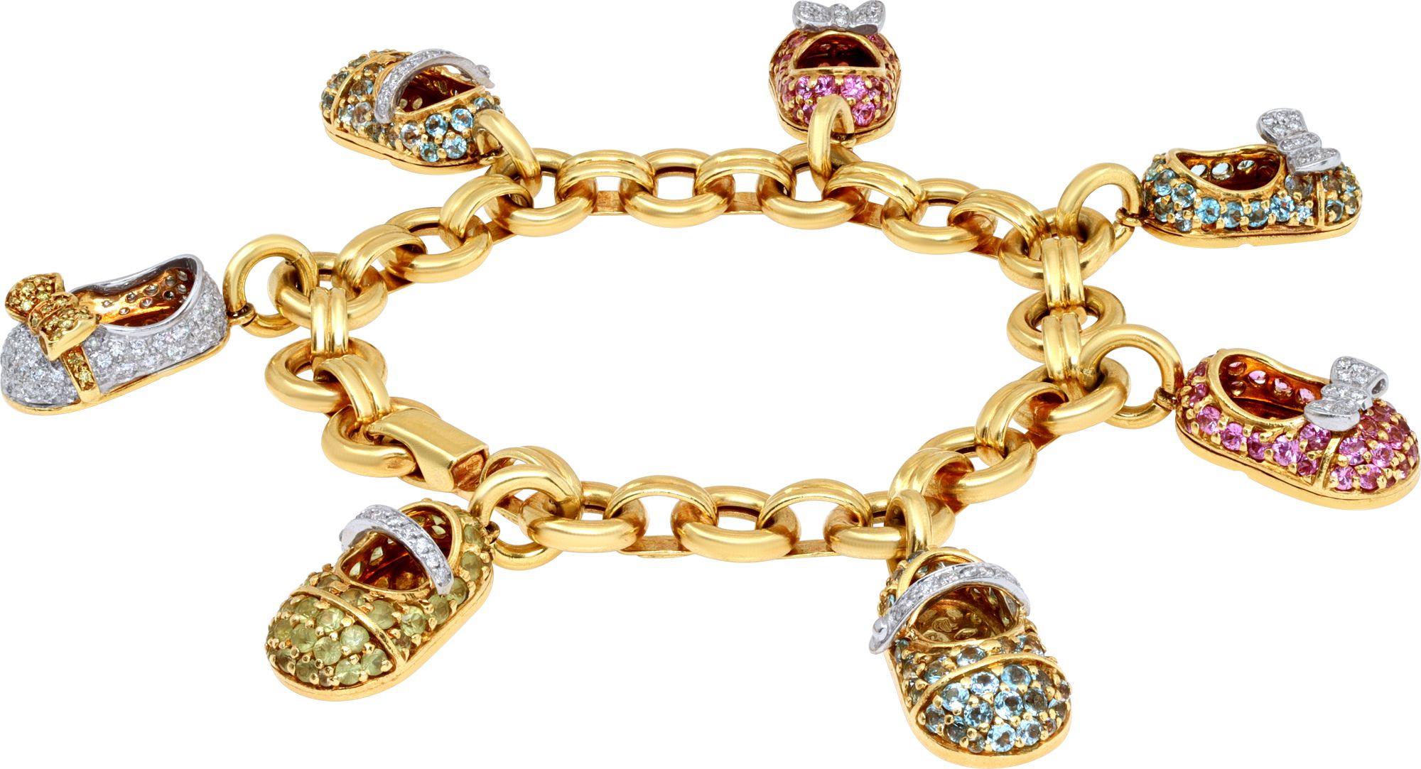 Vintage Aaron Basha bracelet with 7 diamonds & colored semi precious Baby Shoe Charms, in 18k yellow gold.