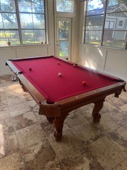 Ornate Wood Pool Table with Red Felt