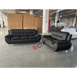 Black Faux Leather 2 Piece Sofa And Loveseat Set