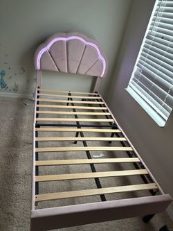 Pink Twin Bed Frame with LED Shell Headboard