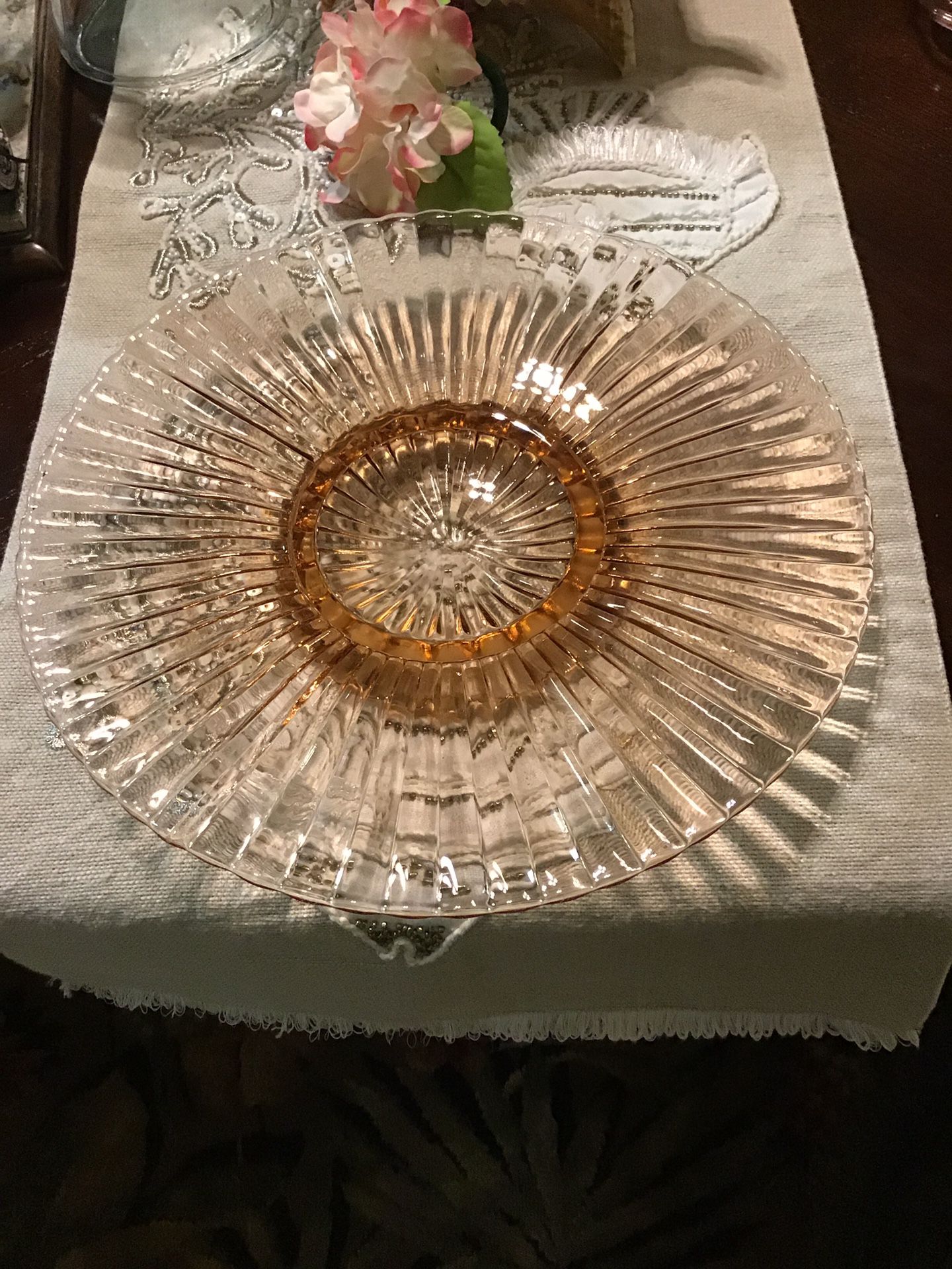 Antique pink Depression glass platter from the early 1900s