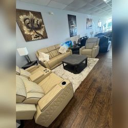3PC Beige leather Power recliner sofa set with LED
