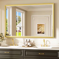 Keonjinn 55" × 36" Gold Mirrors for Bathroom Sink, Large Brushed Gold Bathroom Vanity Mirror, Aluminum Alloy Frame, Tempered Glass with Beveled Edge, 