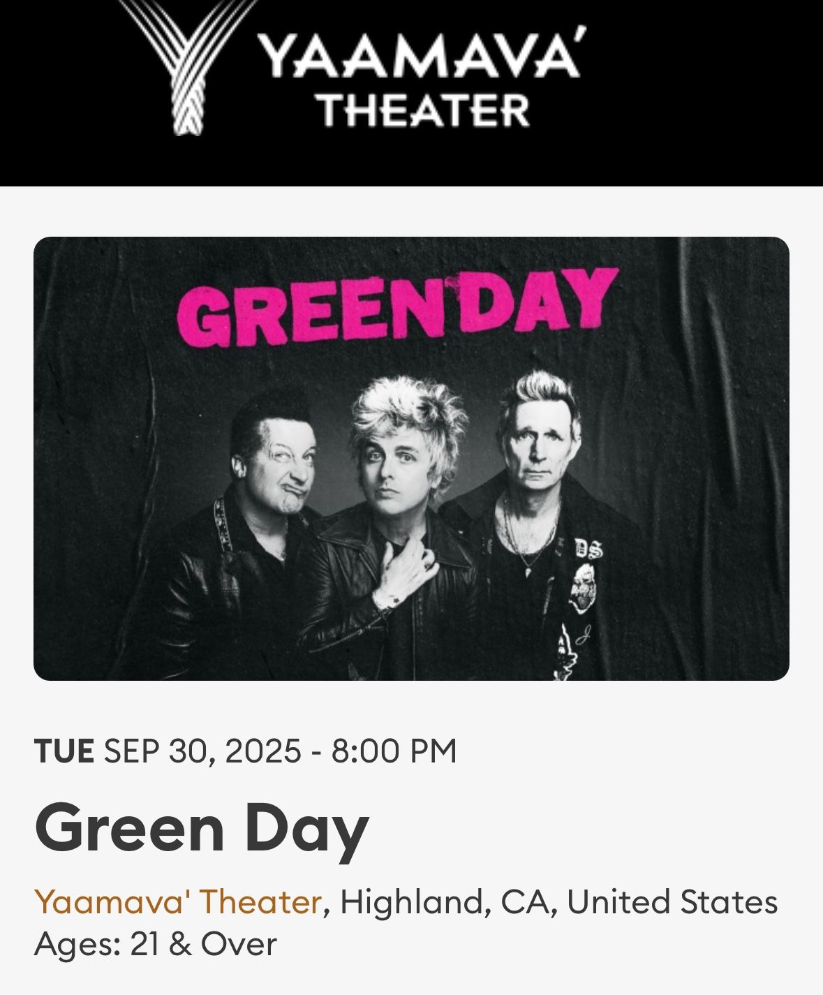 Green Day concert tickets Amazing Seats 9/30 Yaamava Theater 