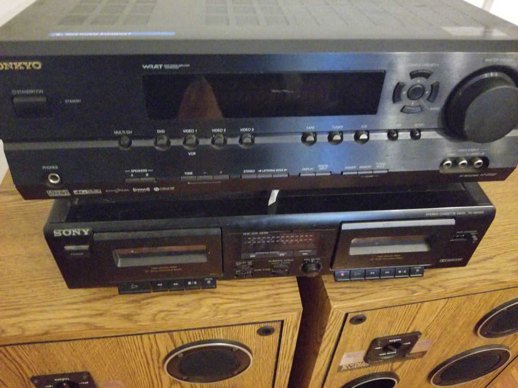 surround sound reciever, double cassette, and 2 speakers