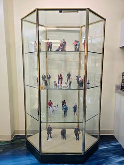 Tall Octagonal Glass Display Cabinet with Brass Frame and Stand alone glass display