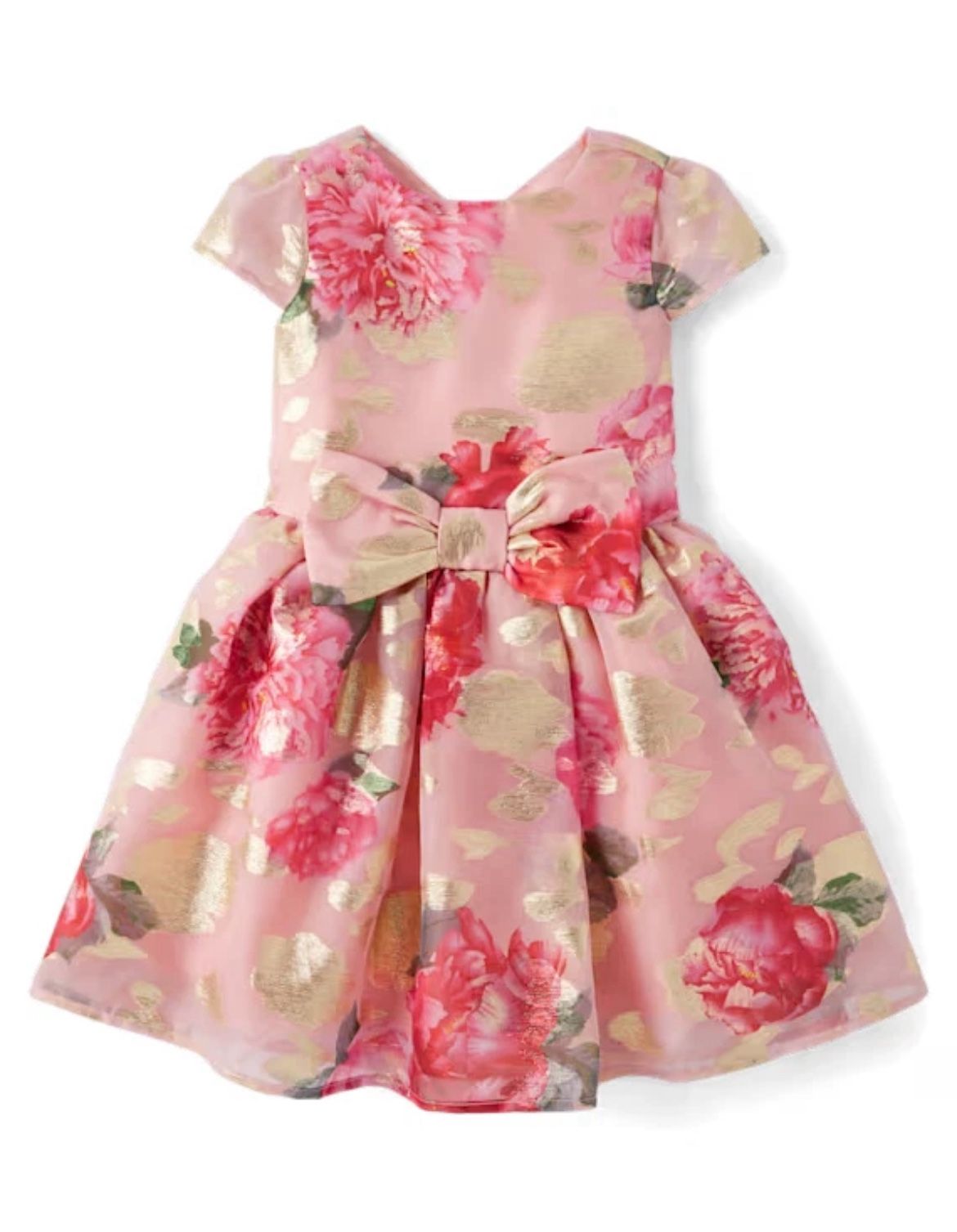 Gymboree Girls Pink Floral Dress 5T Sheer Metallic Gold Accent Bow