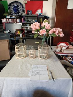 3 Natural Woven Rattan Clear Glass Vases