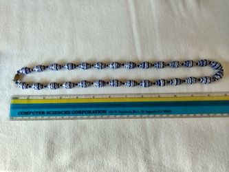 Vintage Chinese Hand Knotted Blue & White Porcelain Oval Bead Necklace