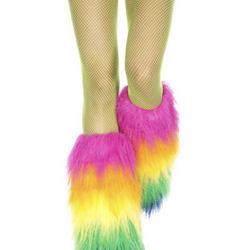 Fuzzy Fur Leg Warmers Rave EDC Boot Covers  Rainbow Black Green White 