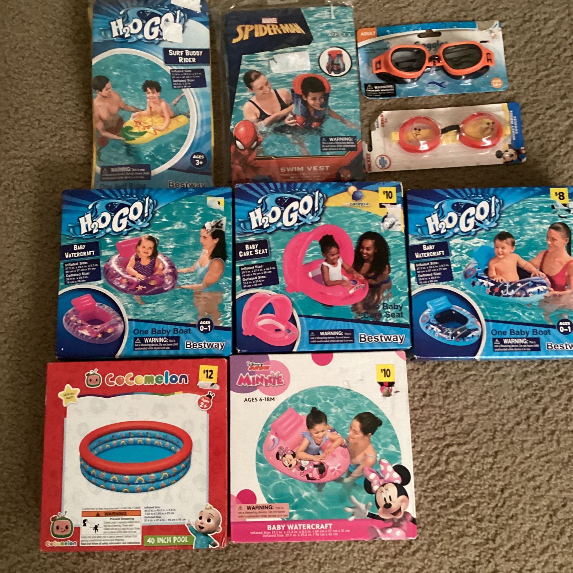 New In Boxes. Baby/toddler Pool, Pool Floats, Goggles, Boat.  9 Items