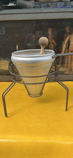 Vintage Aluminum Mirror Strainer on Stand with Pestle; Chinois 
