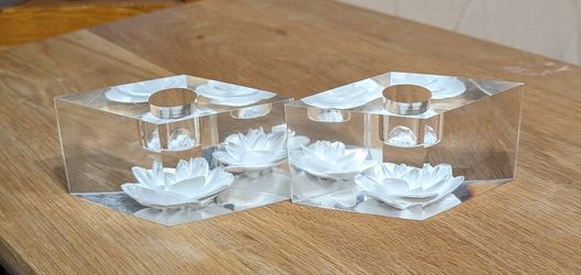 Hand-Blown Clear White Rose Candleholders