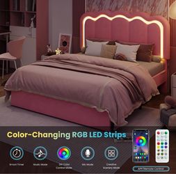 Queen size Pink Upholstered Bed Frame with RGB LED Headboard