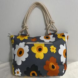 Chic Floral Tote Bag Gray, Yellow, Orange with Zipper and multiple pockets 