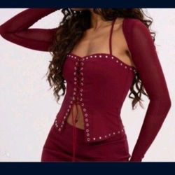 Burgundy Red Lace Up Halter Top w/ Bolero Coverup 