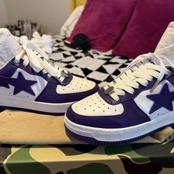 100% Authentic Bape Sneakers Men’s Size 8 Purple And White From Stock