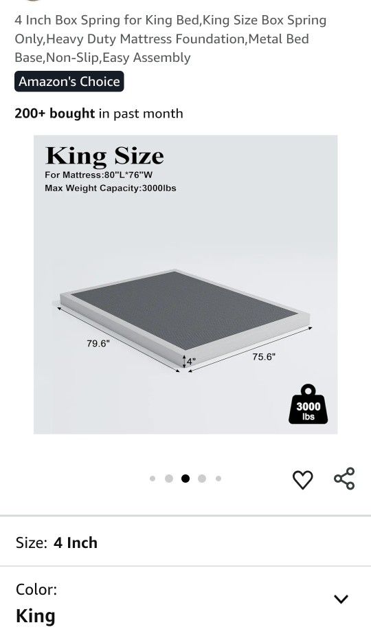 4 Inch Box Spring for King Bed,King Size Box Spring Only,Heavy Duty Mattress Foundation,Metal Bed Base,Non-Slip,Easy Assembly