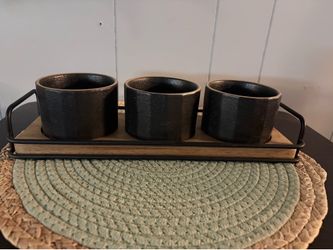 Modern Decorative 3-Piece Ceramic Planter/Organizer Set with Wood Tray