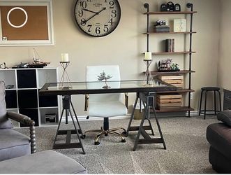 Glass Top Desk with Sawhorse Base
