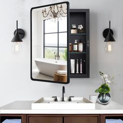 Black Medicine Cabinet, 20x26", Mirror with Storage, Recessed or Wall Mounted, Adjustable Shelves