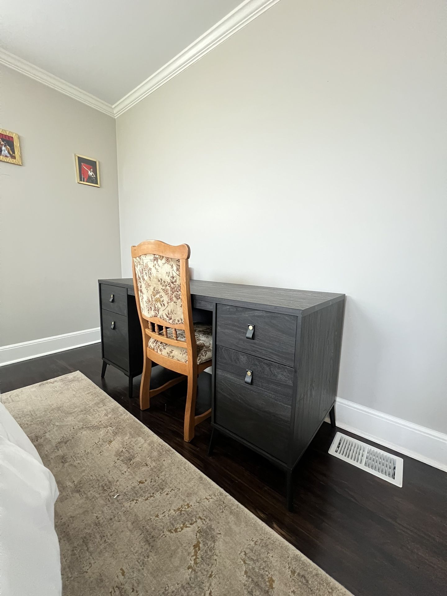 black desk with leather handles