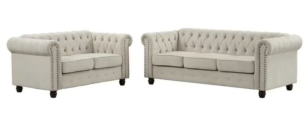 Linen Couches for Living Room Sets, Loveseat and Sofa 2-Pieces Top Beige