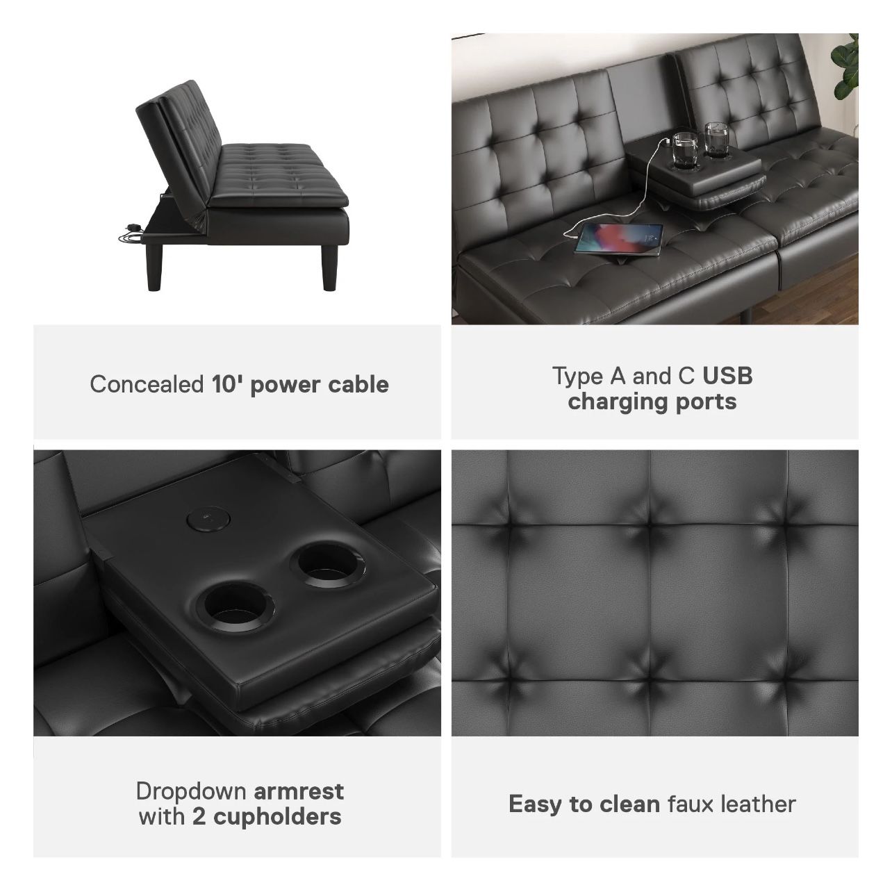 Mainstays Memory Foam Futon with Cupholder and USB, Black Faux Leather