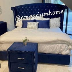 Tufted bed tall bed blue velvet upholstery also grey color glam collection bed with crystals