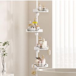 Shower Caddy Tension Pole with 4 L-Lazy Susan Organizer 360 Rotating 35-128 Inch No Drilling Floor Standing Shelves Adjustable Shower Rack for Bathroo