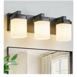 Guliaofo 17 Inches Bathroom Vanity Light, 3-Light Black Bathroom Light Fixtures Over Mirror, Bathroom Light Shower Lamp with Milky White Square Glass 