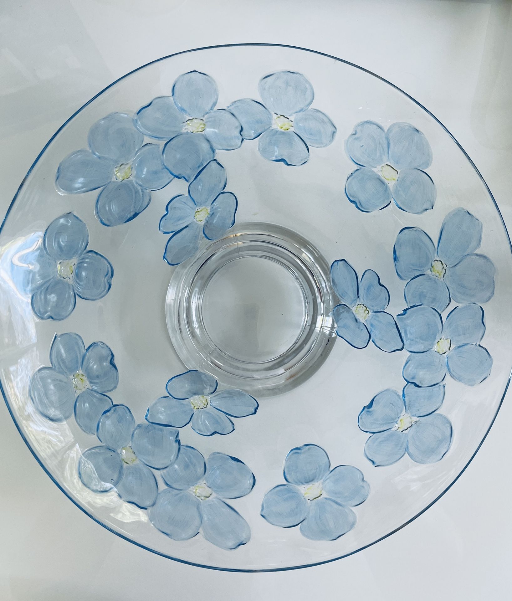 Crystal Glass Serving Bowl With Raised Blue Flowers