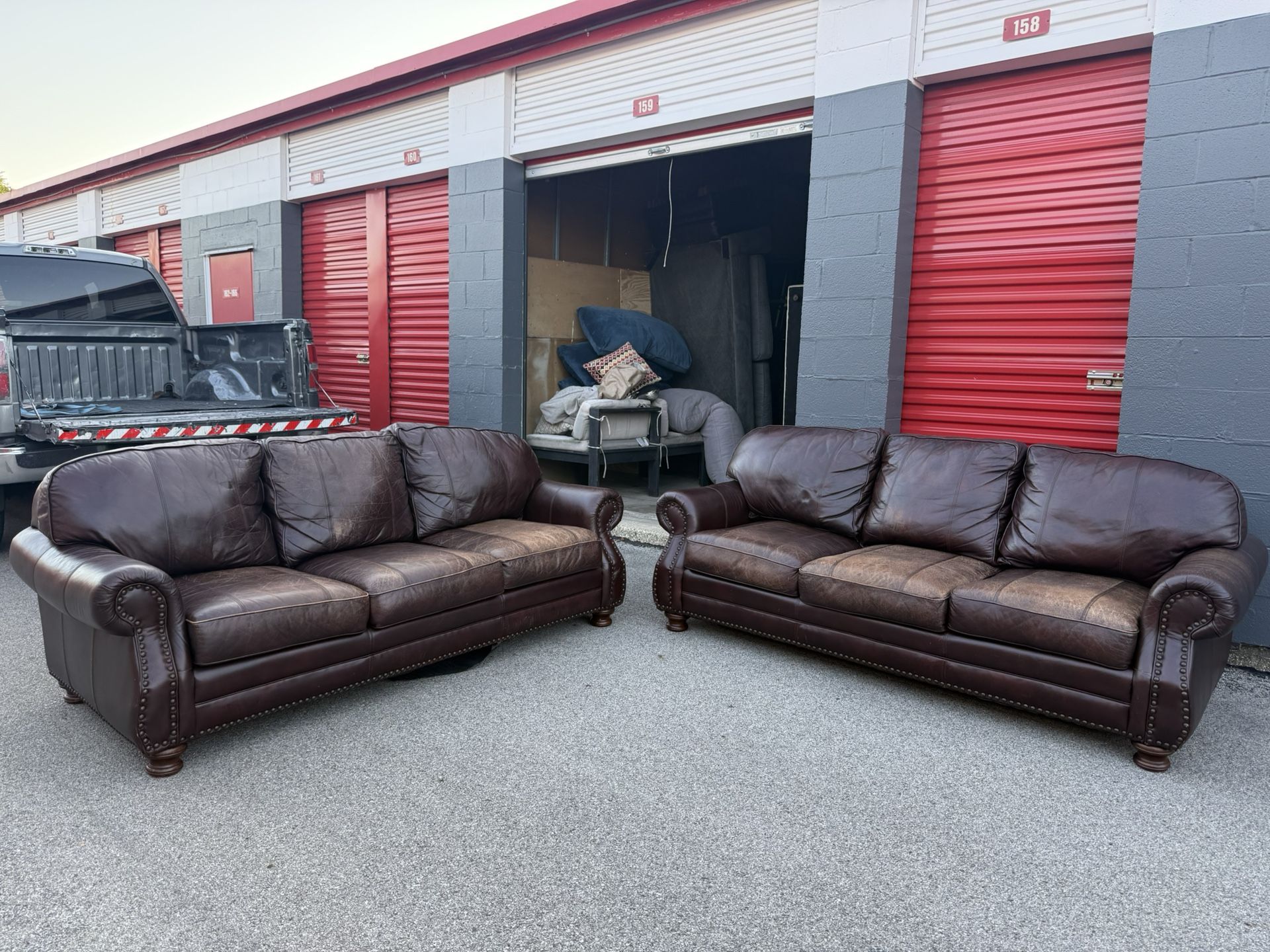 Brown Leather Sofa Set (2 Pieces) β Classic Nailhead Trim - Free Curbside Delivery!