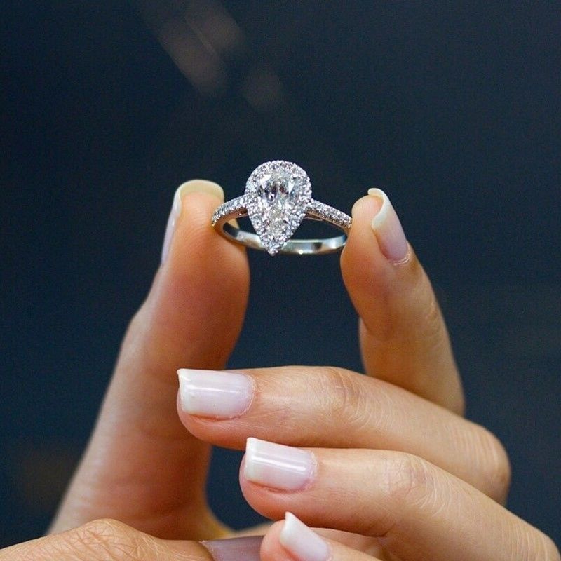 "Elegant Water Drop Bright Zircon Thin Pear Wedding Ring for Women, PD512