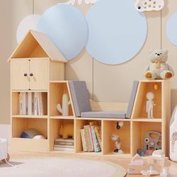 56.9" Wooden Kids Bookshelf with Reading Nook, Kids Bookcase with Detachable Cushions,Toy Storage Organizer with 9 Cubes and 2 Doors for Bedroom, Play