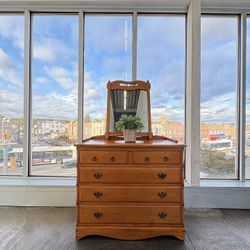 Vintage Traditional Midcentury Modern Minimalist Brown Wood Dresser Chest Of Draws with Removable Mirror 