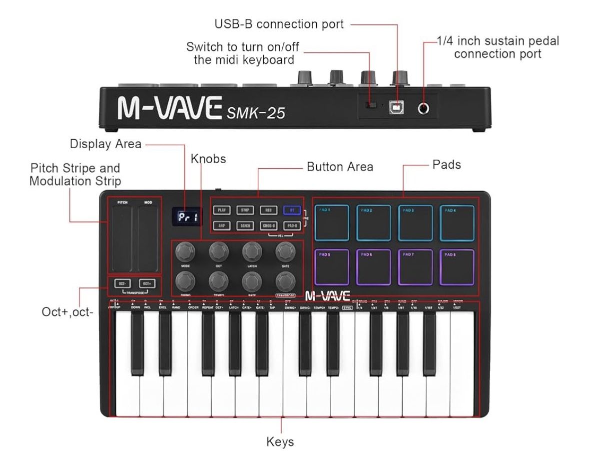 Midi Keyboard - 25 Key Midi Keyboard MIDI Controller With 25 Velocity Sensitive Keys, 8 RGB Backlit Pads, 8 Knobs