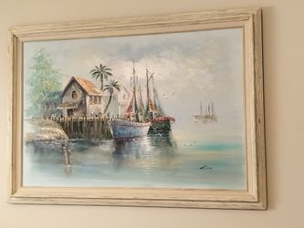Vintage Original Oil On Canvas, Fishing Boats At The Dock/SeaSide Setting  by the Artist John Luini 