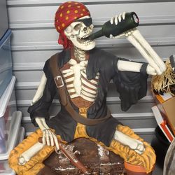 Skeleton Pirate on Treasure Drinking Life Size Statue Halloween