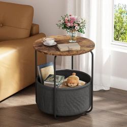 Round Side Table, Small Round End Table with Fabric Basket, Bedside Table with Black Metal Frame, Small Coffee Table, Farmhouse Sofa Side Table for Li