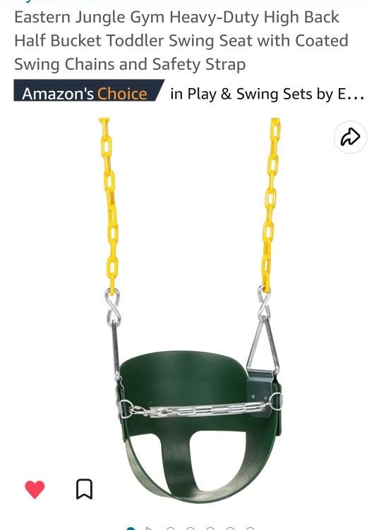 Jungle Gym Heavy-Duty High Back Half Bucket Toddler Swing Seat with Coated Swing Chains and Safety Strap
