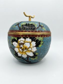 Vintage Chinese Cloisonné Turquoise Floral Covered Jar / Trinket Box